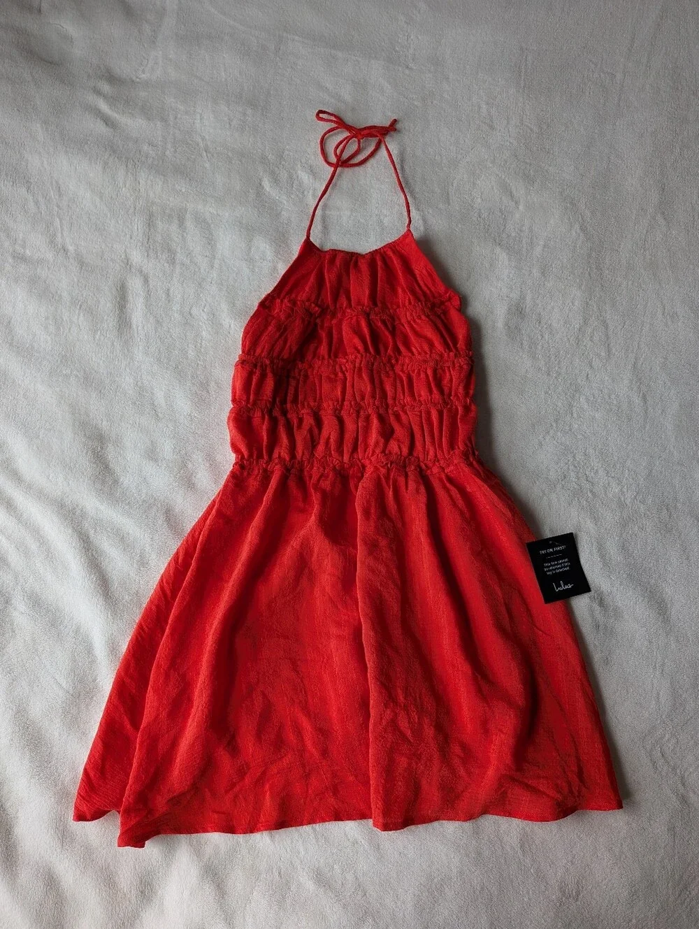 Lulus Kallina Red Orange Ruffled Halter Neck Mini Dress - Picture 3 of 4